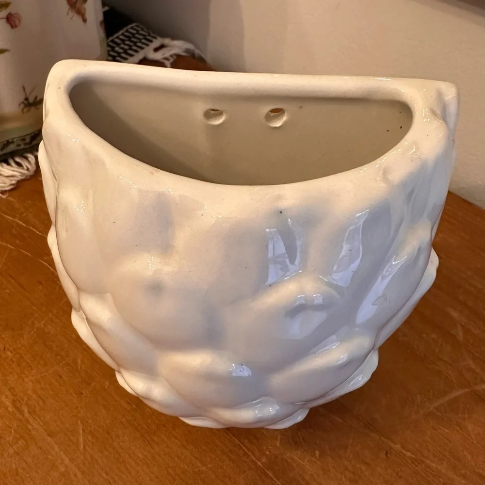 Vintage White Ceramic Pottery Artichoke Wall Planter Vase Made in Italy